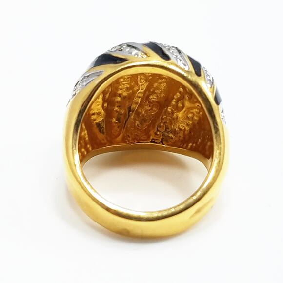 Vintage Cocktail 18 KHGE Ring, Black Enamel, Clear Rhinestones, Size 5, 1990s - Picture 6 of 10